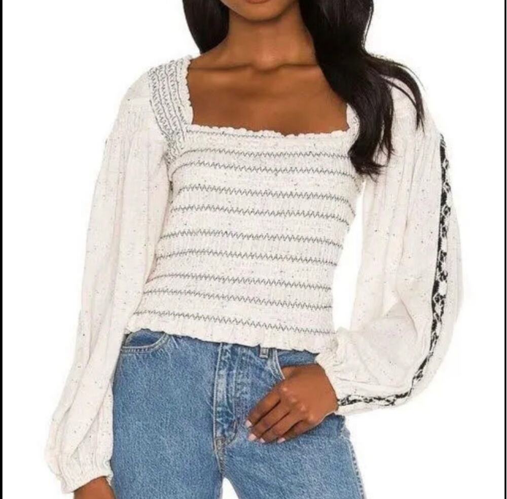 Free People Maggie Medium Embroidered Top Square Neck Smocked Puff Sleeves Ivory